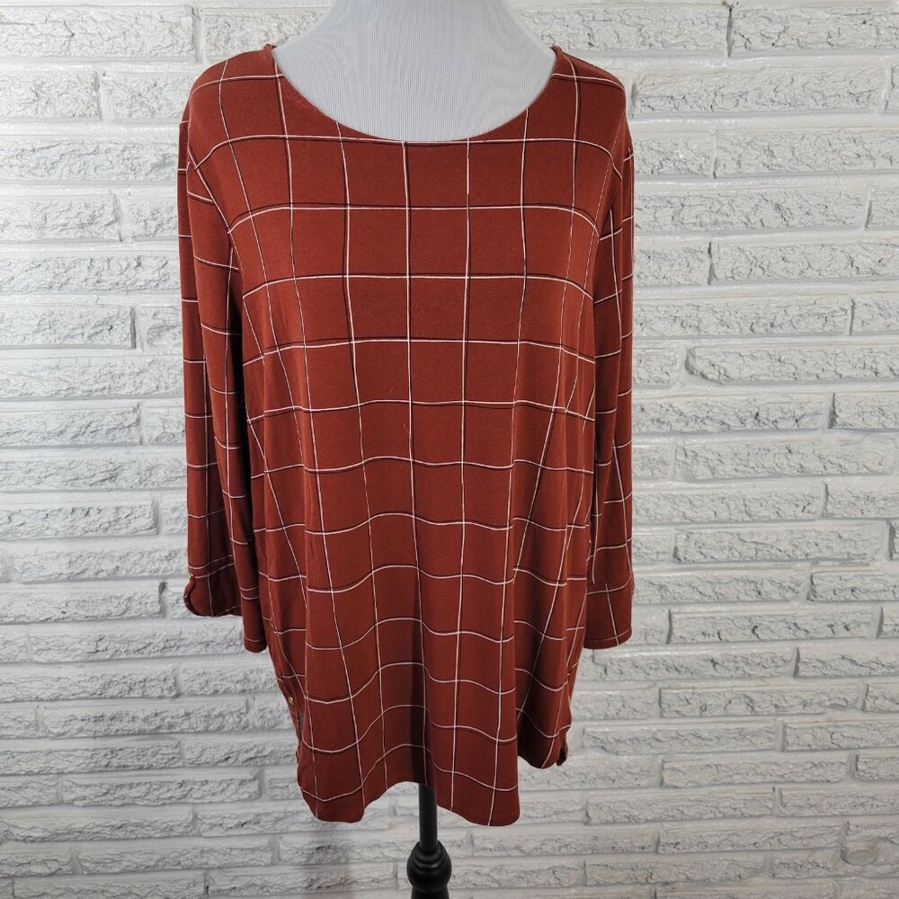 Liz Claiborne Women's XXL Brown Geometric 3/4 Sleeve Pullover Top‎ GEO227E